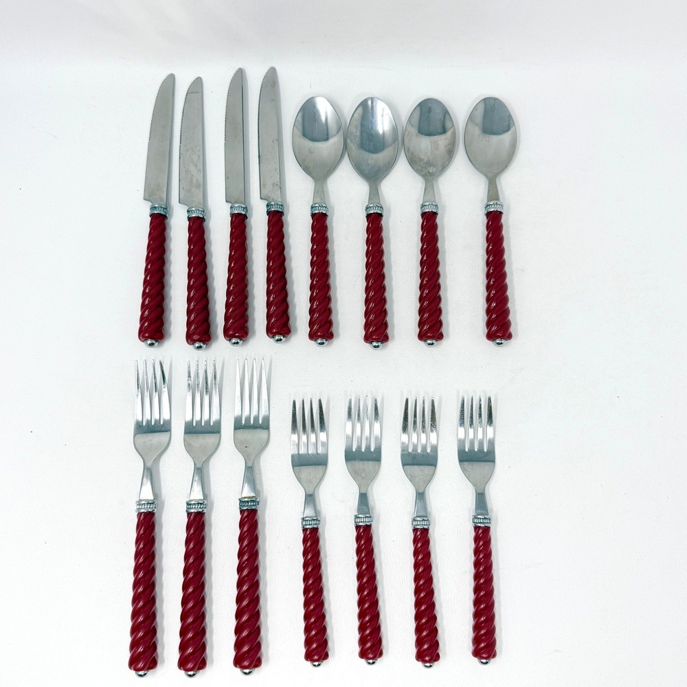 Gibson Sangria Rope Flatware Set‎ 15pc Red Twisted Handle Stainless Steel China